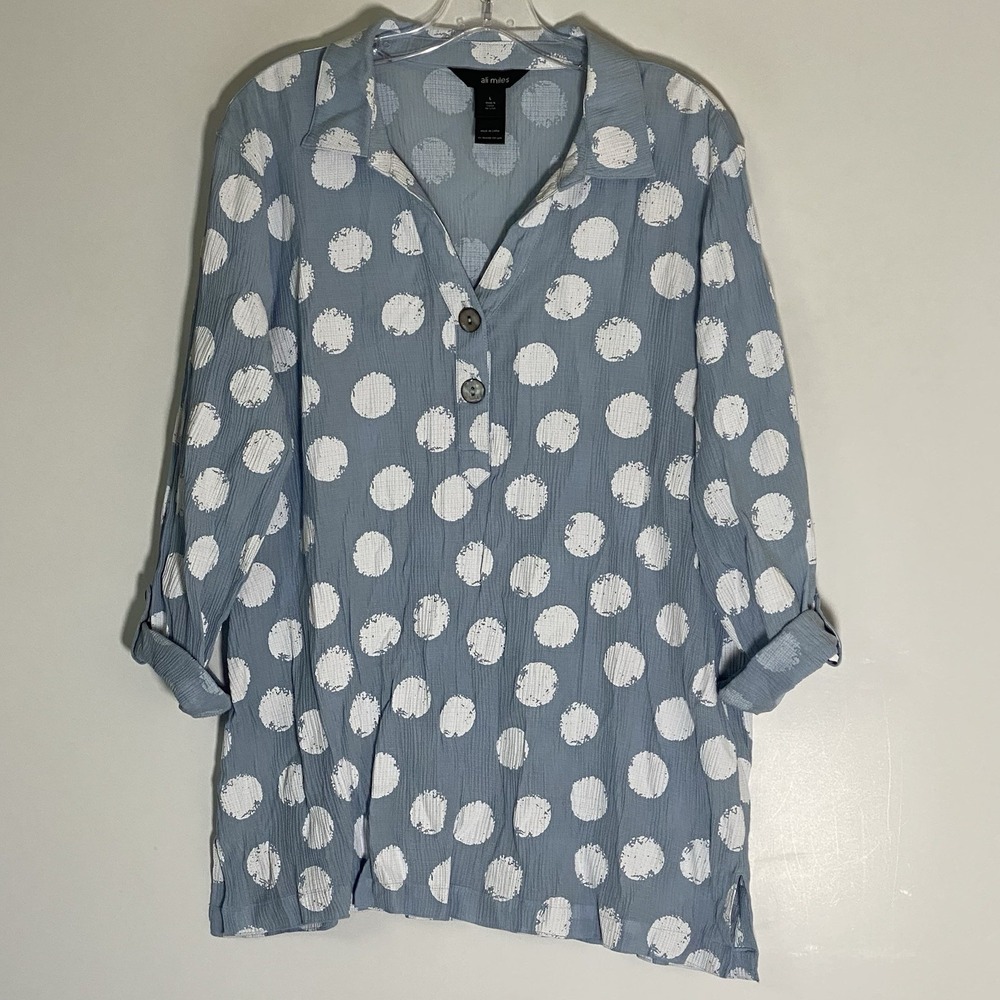 Ali Miles Top Womens Large Blue‎ White Polka Dot Art to Wear Roll Tab Blouse L